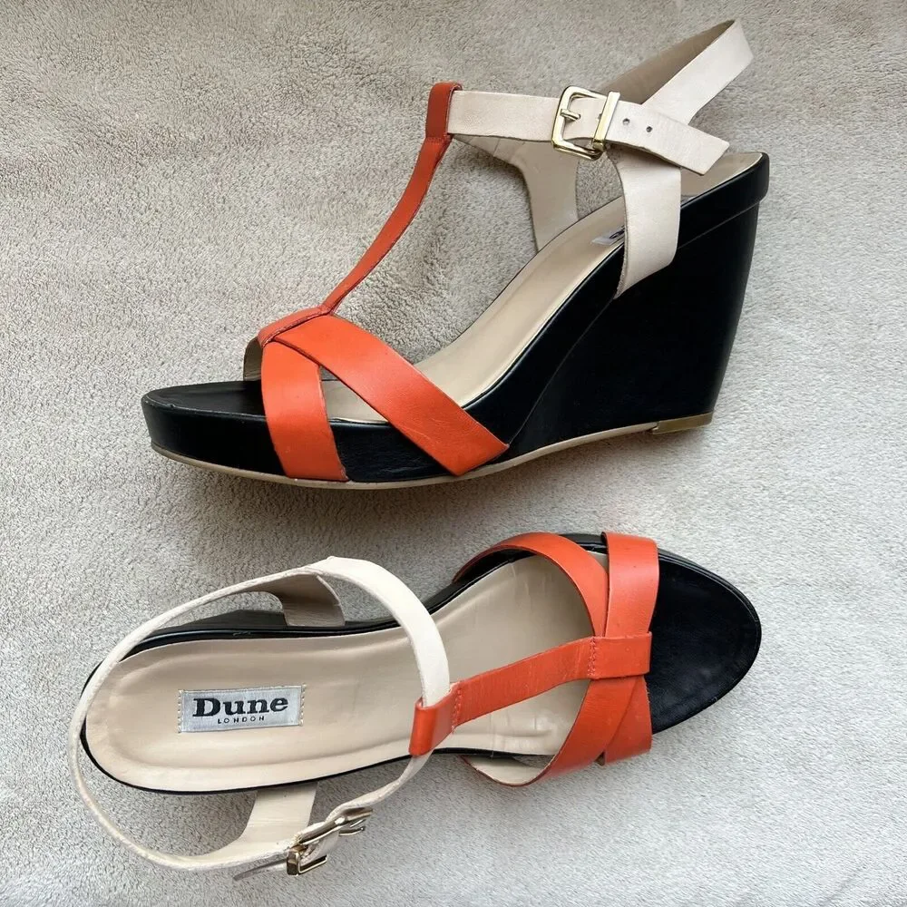 Dune London Gangster Orange Black Tan Leather Wedge Sandal Shoes EU 40 US 10 - Picture 16 of 16